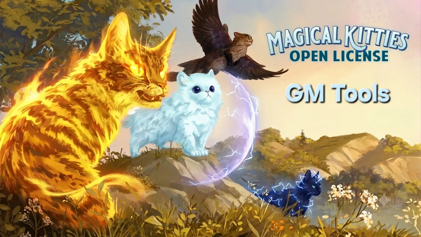 Magical Kitties: a fire-powered tabby, an ice kitten, a lightning kitten, and a flying squirrel on a sunny hilltop